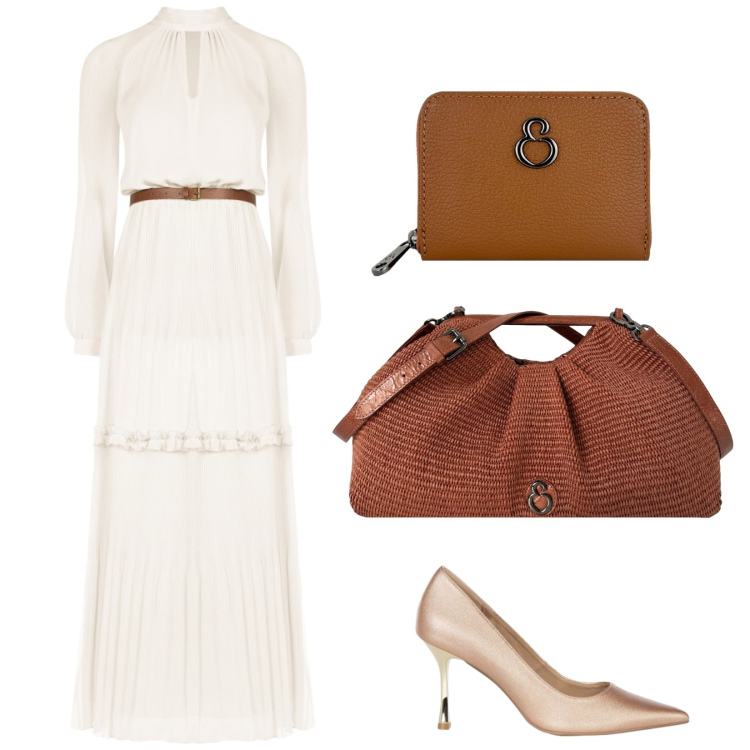Outfit donna - Colori neutri per un party elegante. Stile Chic per Cerimonia. Abbinamento con vestiti lunghi, décolleté, clutch, portafogli.