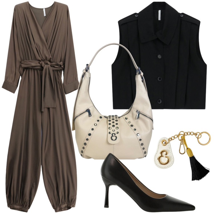 Outfit donna - Tuta urban. Stile Chic per Serata fuori. Abbinamento con tute, décolleté, gilet, portachiavi, borse a spalla.