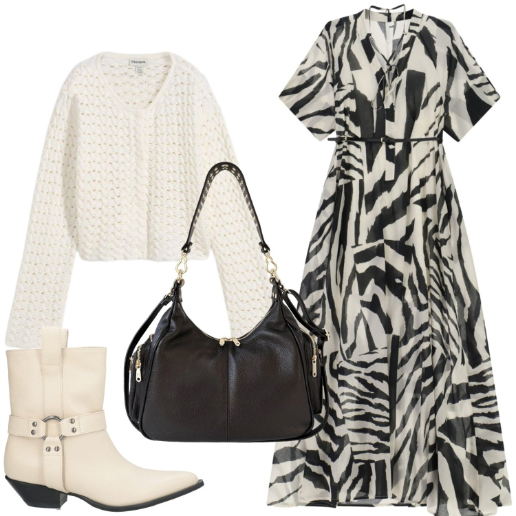 Outfit donna - Stampa zebrata. Stile Chic per Serata fuori. Abbinamento con stivaletti texani, cardigans, vestiti lunghi, borse a spalla.