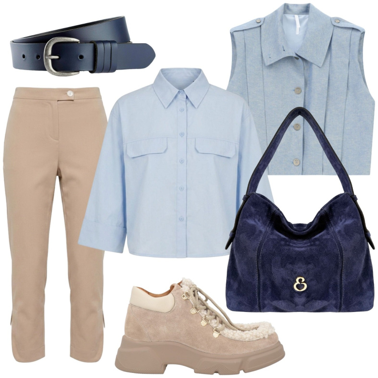 Outfit donna - Relax time. Stile Glamour per Tutti i giorni. Abbinamento con stivaletti, cinture, pantaloni, gilet, borse a spalla, camicie a manica corta.