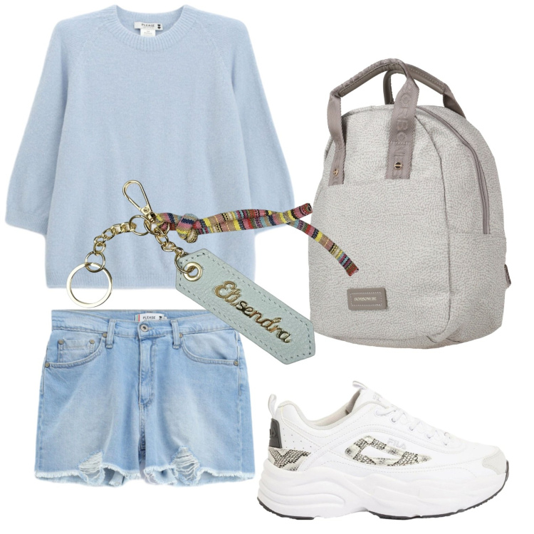 Outfit donna - Zaino urban. Stile Basic per Tutti i giorni. Abbinamento con zaini, sneakers, maglieria, shorts, portachiavi.