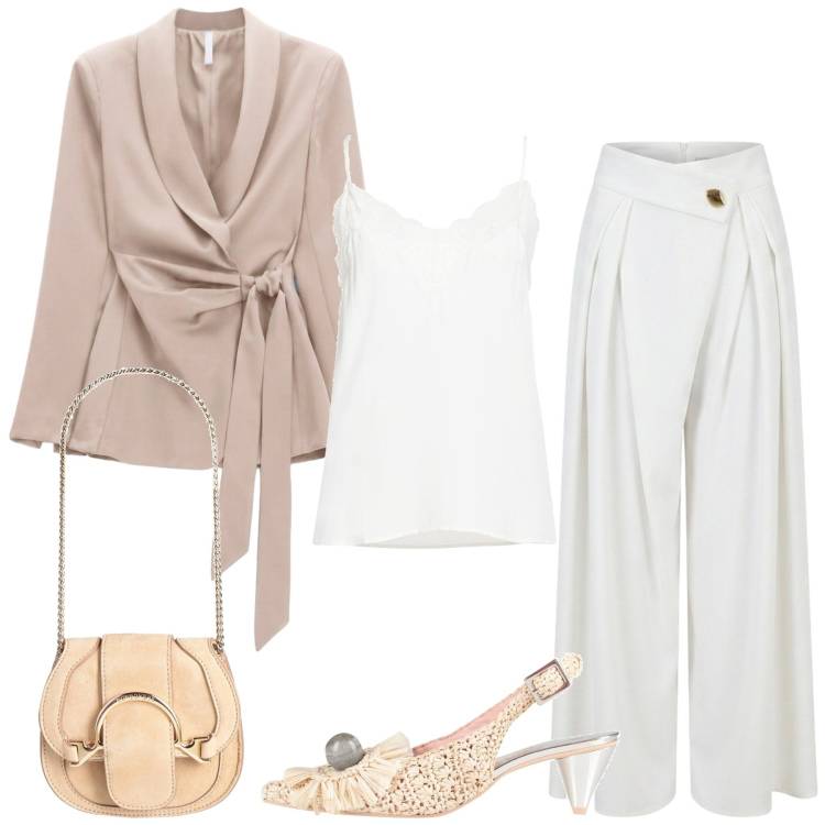 Outfit donna - Cerimonia a fine agosto. Stile Glamour per Cerimonia. Abbinamento con top, décolleté, marsupi, blazer, pantaloni a palazzo.