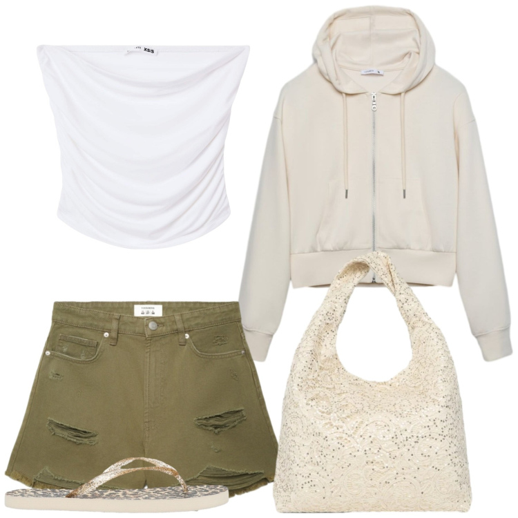 Outfit donna - Estate. Stile Sporty chic per Tutti i giorni. Abbinamento con felpe con cappuccio, borse a spalla, shorts, infradito, top.