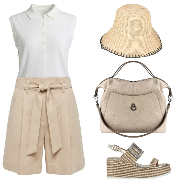 Outfit donna - La polo smanicata ed il cappello. Stile Casual per Tutti i giorni. Abbinamento con cappelli con visiera, sandali in pelle, polo, bermuda, borse a mano.