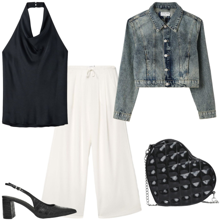 Outfit donna - Serata di fine agosto. Stile Rock per Serata fuori. Abbinamento con cappotti, pantaloni, canottiere, borse a tracolla, décolleté.