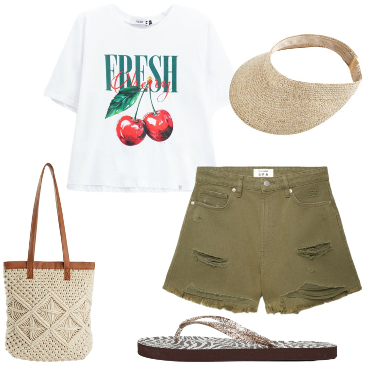 Outfit donna - Total look #2456677. Stile Casual per Mare. Abbinamento con cappelli con visiera, shopping bag, shorts, infradito, t-shirt.