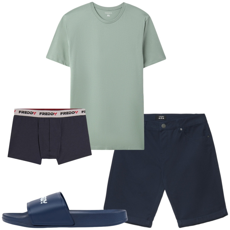 Outfit uomo - Total look #2456679. Stile Casual per Mare. Abbinamento con t-shirt, bermuda, boxer, sandali.