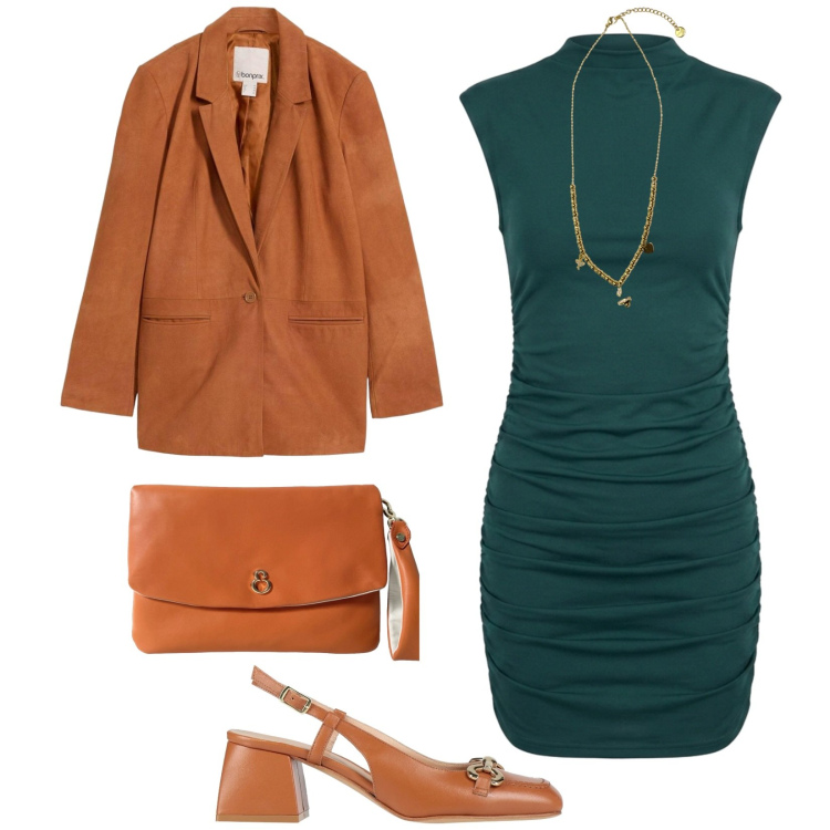 Outfit donna - Total look #2456681. Stile Chic per Ufficio. Abbinamento con décolleté, blazer, ciondoli, pochette, vestiti corti.