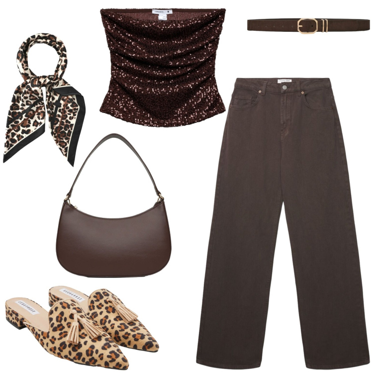 Outfit donna - Infinite brown summer. Stile Casual chic per Serata fuori. Abbinamento con sabot, jeans, foulard, top, borse a tracolla, cinture.