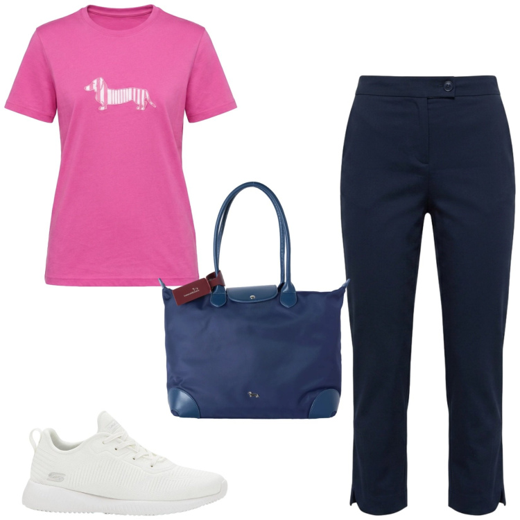 Outfit donna - Total look #2456685. Stile Casual per Tutti i giorni. Abbinamento con sneakers, t-shirt, pantaloni capri, shopping bag.