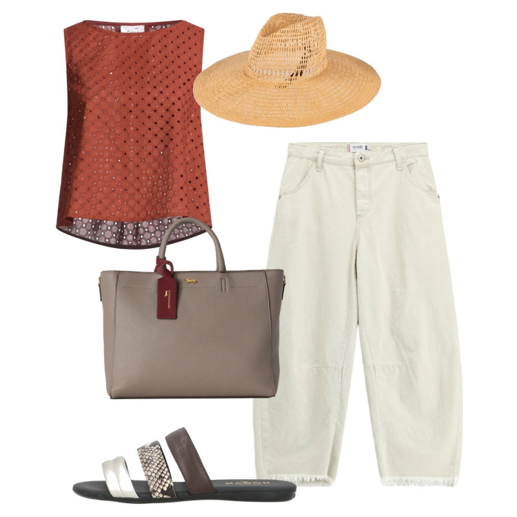 Outfit donna - Turista. Stile Casual per Tutti i giorni. Abbinamento con sandali in pelle, top, cappelli, borse a mano, jeans dritti.