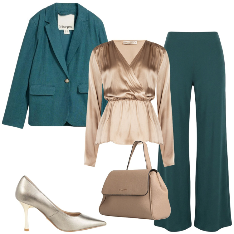 Outfit donna - Total look #2456687. Stile Chic per Cerimonia. Abbinamento con zaini, blazer, bluse, décolleté, pantaloni a palazzo.