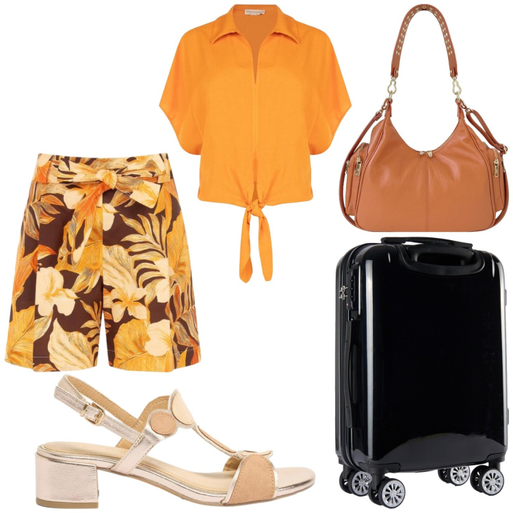 Outfit donna - Total look #2456689. Stile Casual per Tutti i giorni. Abbinamento con sandali col tacco, pantaloni corti, camicie a manica corta, valigie, borse a spalla.