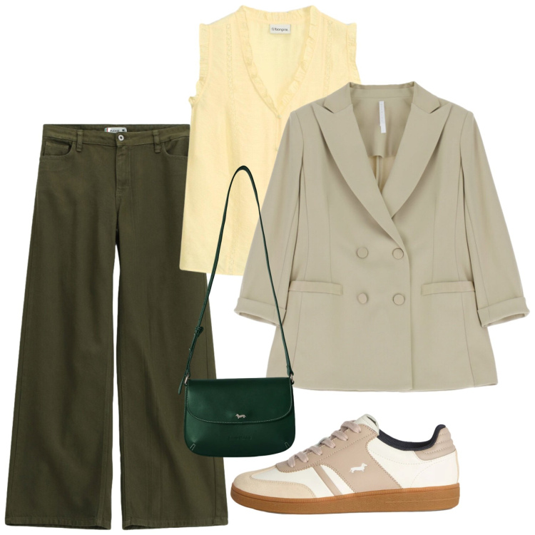 Outfit donna - Agosto per chi lavora - @tiffany22. Stile Bon Ton per Ufficio. Abbinamento con canottiere, sneakers, borse a tracolla, blazer, pantaloni a palazzo.