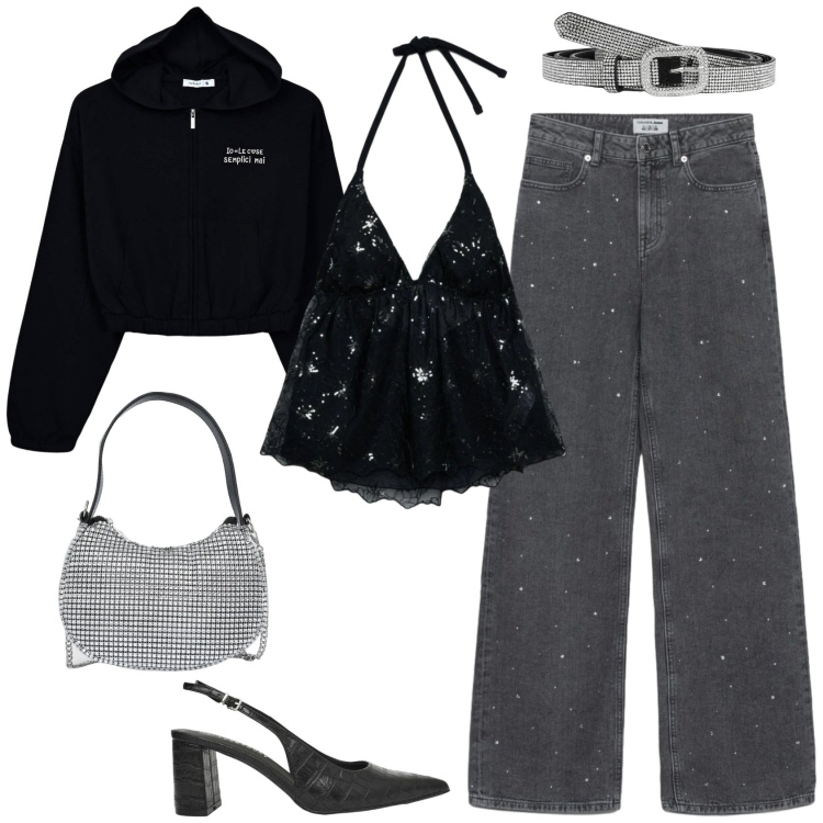 Outfit donna - Black & gray. Stile Casual chic per Serata fuori. Abbinamento con top, borse a spalla, cinture, décolleté, jeans dritti, felpe con cappuccio.
