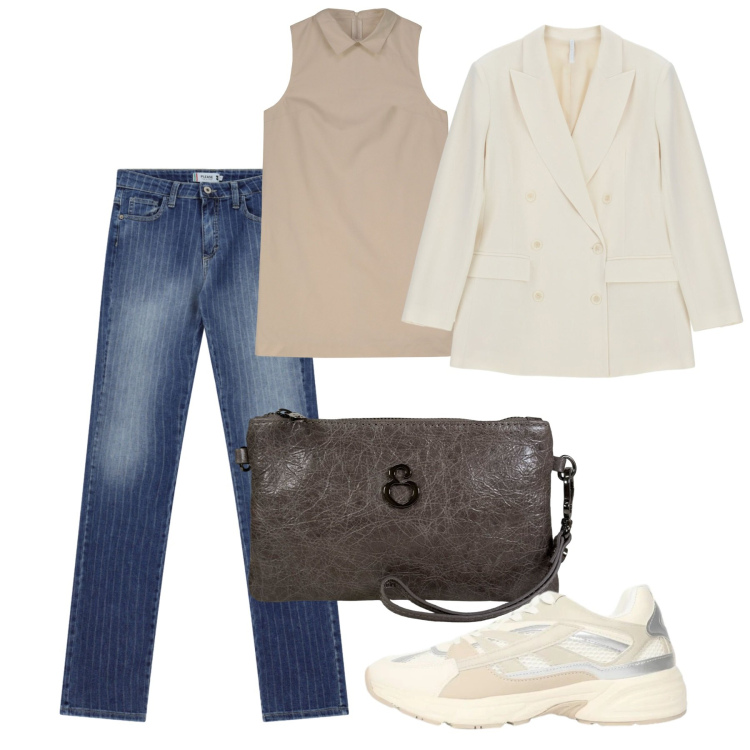 Outfit donna - Agosto per chi lavora - @tiffany22. Stile Bon Ton per Ufficio. Abbinamento con blazer, sneakers, vestiti a tubino, jeans, pochette.