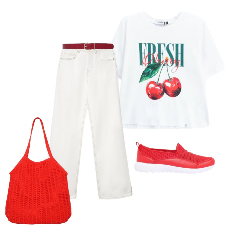Outfit donna - E’ancora estate. Stile Casual chic per Tutti i giorni. Abbinamento con sneakers, shopping bag, jeans, cinture, t-shirt.