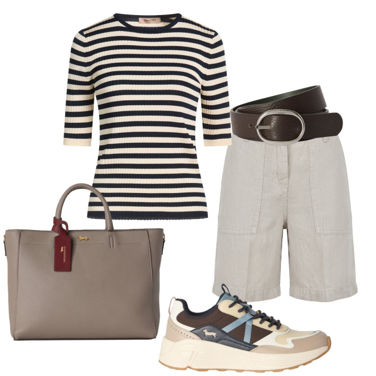 Outfit donna - Semplice ma chic. Stile Chic per Tutti i giorni. Abbinamento con pullovers, bermuda, sneakers, cinture, borse a mano.