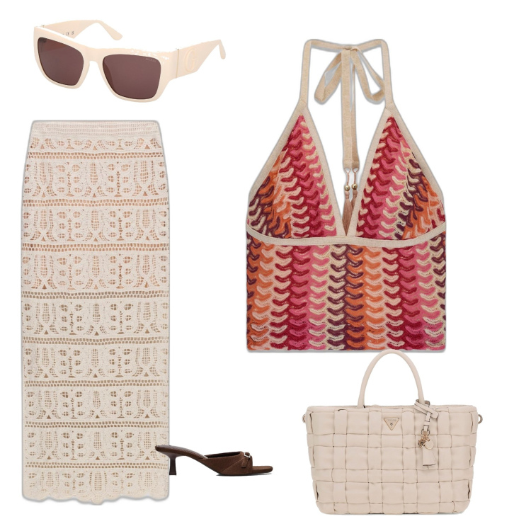 Outfit mujer - Casual chic #11238. Estilo Casual chic para Mar. Combinación con faldas largas, gafas de sol, top, bolsos de mano, pantuflas.