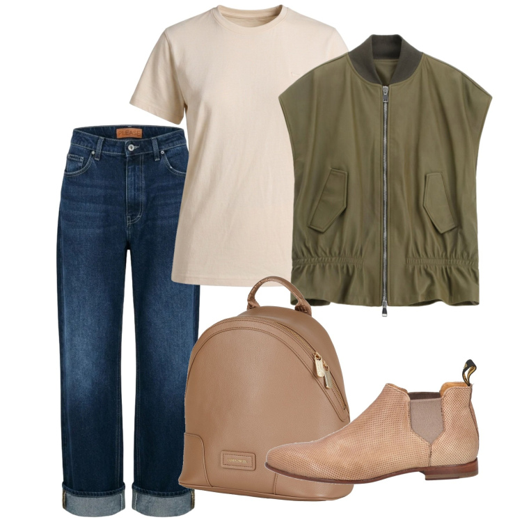 Outfit donna - Fuga in montagna. Stile Casual per Tutti i giorni. Abbinamento con zaini, stivaletti chelsea, t-shirt, gilet, jeans dritti.