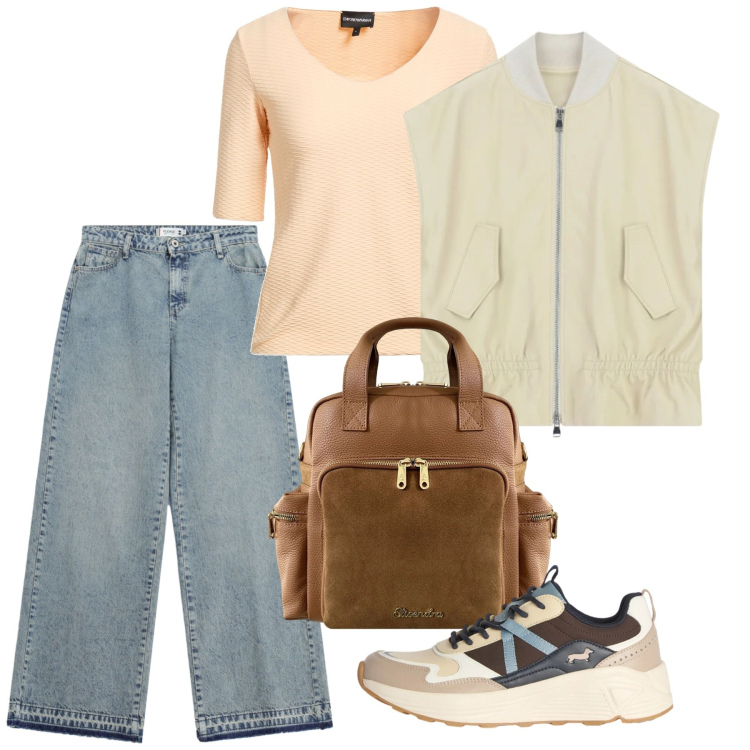 Outfit donna - Fuga in montagna. Stile Casual per Tutti i giorni. Abbinamento con t-shirt, sneakers, gilet, jeans dritti, zaini.