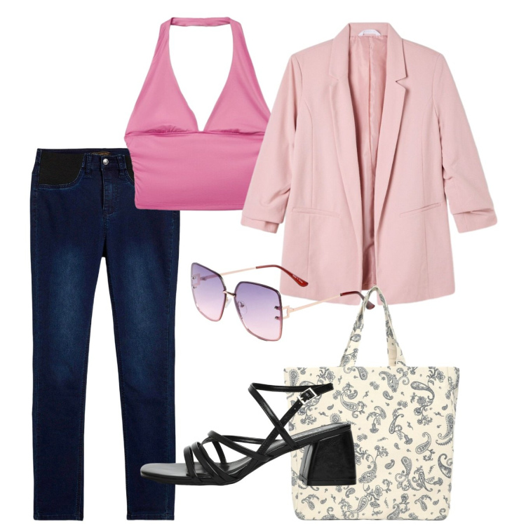 Outfit donna - Ultimi giorni d’estate. Stile Casual chic per Tutti i giorni. Abbinamento con jeans skinny, occhiali da sole, top, blazer, shopping bag, sandali col tacco.