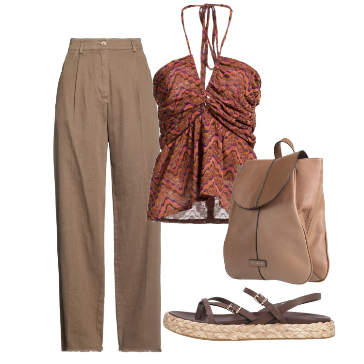 Outfit donna - Agosto. Stile Chic per Tutti i giorni. Abbinamento con pantaloni, zaini, infradito, top.