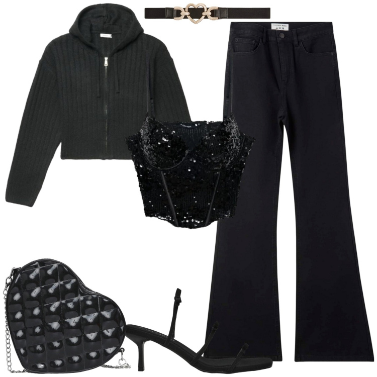 Outfit donna - Terranova infinite summer in black. Stile Casual chic per Serata fuori. Abbinamento con top, cinture, borse a tracolla, sandali col tacco, cardigans, jeans a zampa.