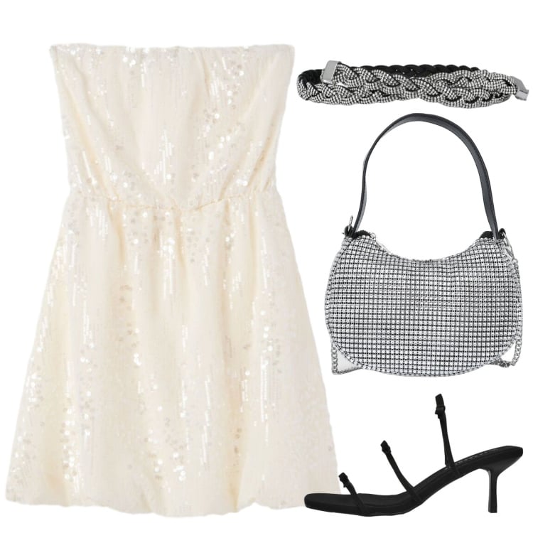 Outfit donna - Il miniabito con paillettes. Stile Glamour per Serata fuori. Abbinamento con cinture, borse a spalla, sandali col tacco, vestiti corti.