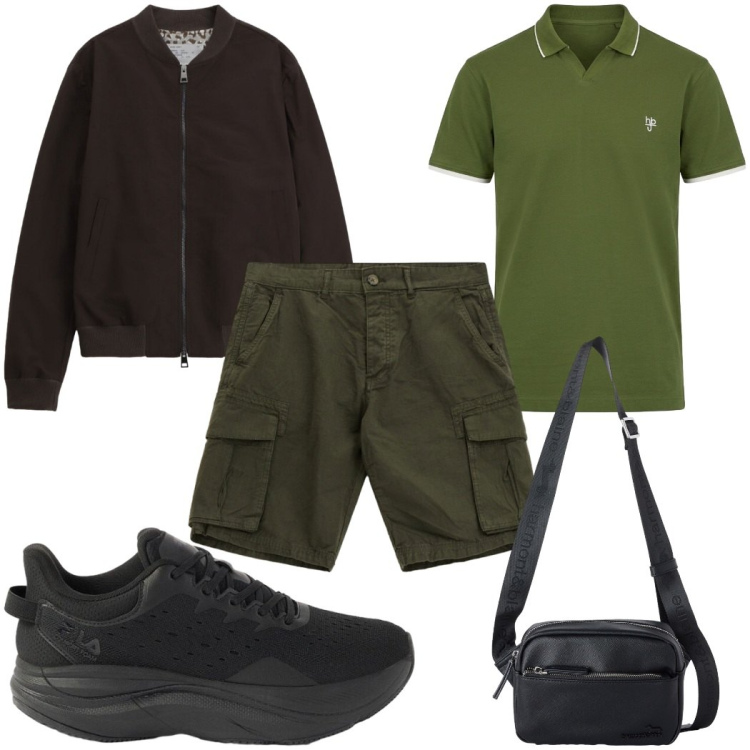 Outfit uomo - Total look #2456731. Stile Casual per Tutti i giorni. Abbinamento con sneakers, borse sportive, polo, bomber, bermuda.