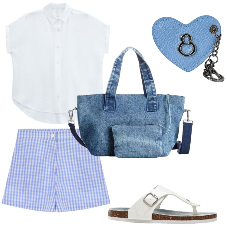Outfit donna - Borsa denim. Stile Casual per Tutti i giorni. Abbinamento con borse a mano, infradito, shorts, camicie a manica corta, portachiavi.