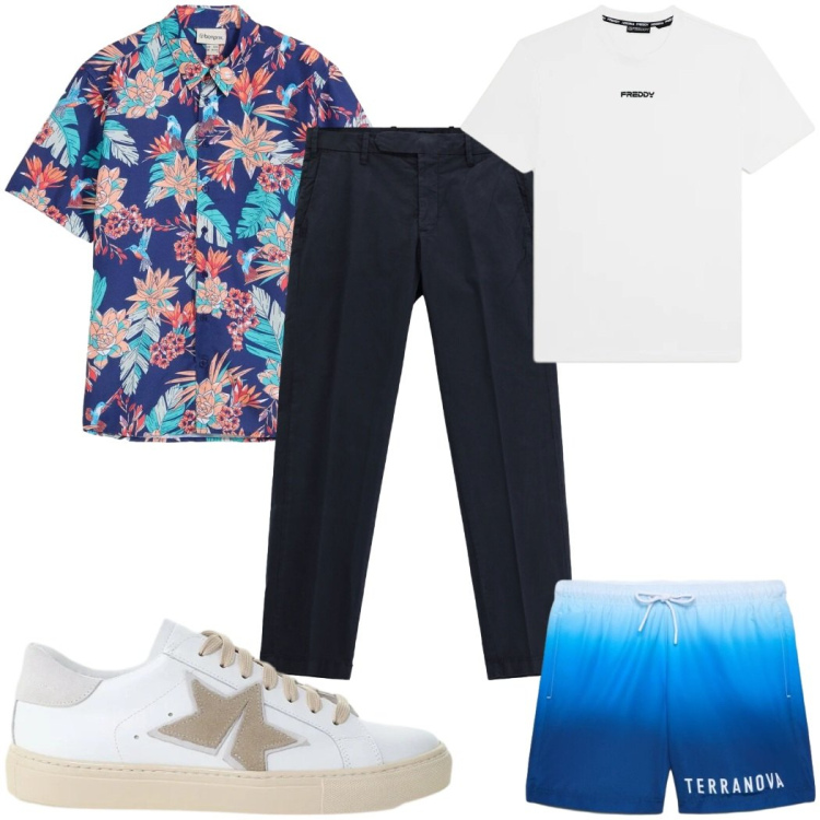 Outfit uomo - Total look #2456756. Stile Trendy per Mare. Abbinamento con camicie a manica corta, pantaloni, sneakers, costumi, t-shirt.