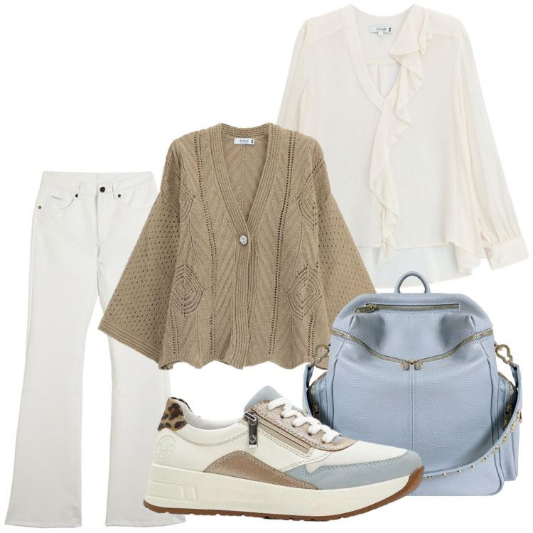 Outfit donna - Cardigan traforato. Stile Glamour per Tutti i giorni. Abbinamento con sneakers, cardigans, bluse, pantaloni, zaini.
