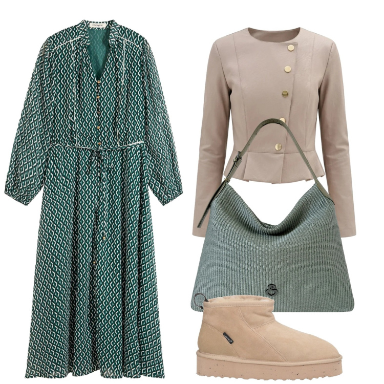 Outfit donna - Vestito midi elegante. Stile Bon Ton per Serata fuori. Abbinamento con stivaletti, vestiti, borse a spalla, blazer.
