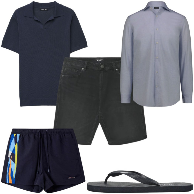 Outfit uomo - Total look #2456765. Stile Trendy per Mare. Abbinamento con camicie, costumi, sandali, pantaloni corti, polo.