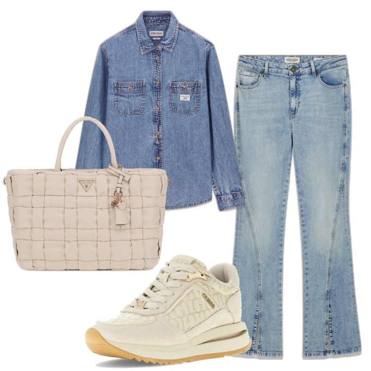 Outfit mujer - Urban look. Estilo Urban para Todos los días. Combinación con sneakers, vaqueros bootcut, bolsos de mano, camisas.