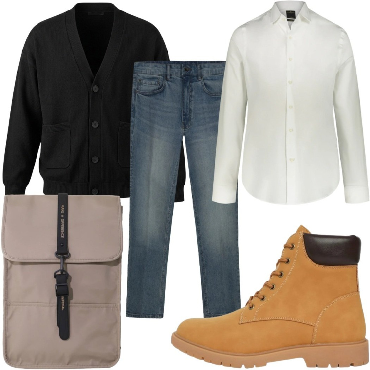 Outfit uomo - Total look #2456777. Stile Casual per Tutti i giorni. Abbinamento con stivali e stivaletti, camicie, jeans, borse sportive, cardigans.