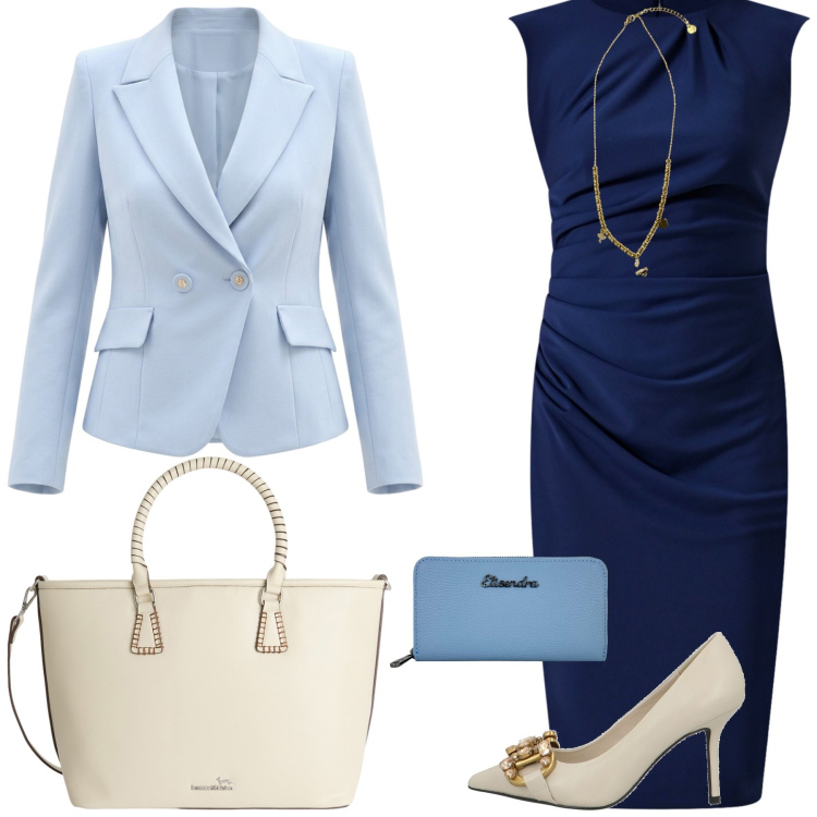 Outfit donna - Riunione con i soci. Stile Chic per Ufficio. Abbinamento con décolleté, shopping bag, vestiti a tubino, blazer, ciondoli, portafogli.
