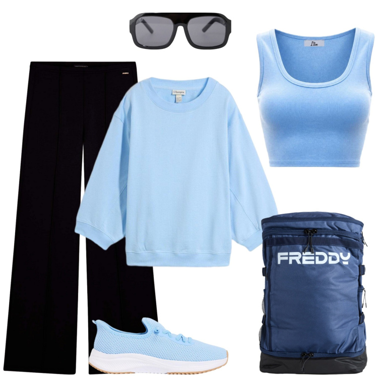Outfit donna - Escursione montana. Stile Sporty chic per Sport. Abbinamento con felpe, sneakers, occhiali da sole, canottiere, pantaloni sportivi, zaini.