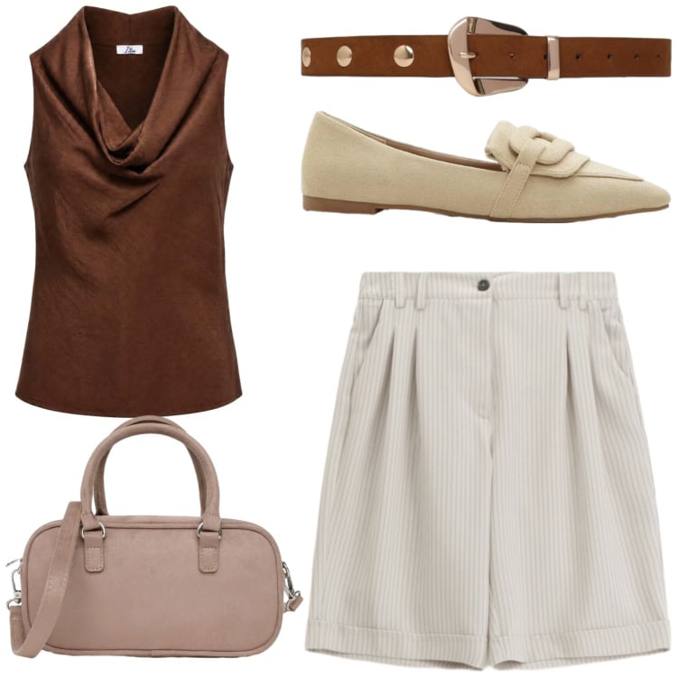 Outfit donna - Workwear. Stile Chic per Ufficio. Abbinamento con mocassini, borse a tracolla, cinture, canottiere, bermuda.