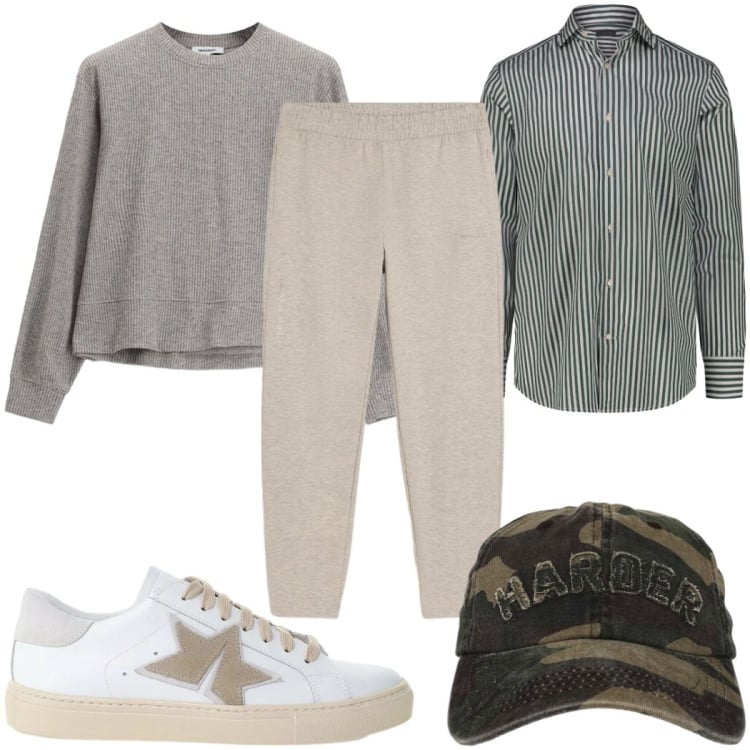 Outfit uomo - Total look #2456787. Stile Trendy per Tutti i giorni. Abbinamento con cappelli con visiera, camicie, felpe, sneakers, pantaloni.