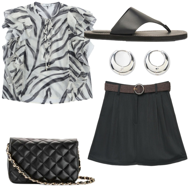 Outfit donna - Slow chic. Stile Chic per Tutti i giorni. Abbinamento con borse a tracolla, orecchini, infradito, bermuda, bluse.