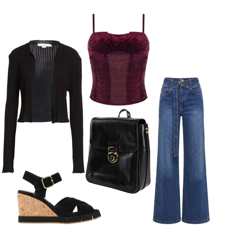 Outfit donna - Fine estate. Stile Casual chic per Tutti i giorni. Abbinamento con sandali in pelle, cardigans, zaini, jeans, top.