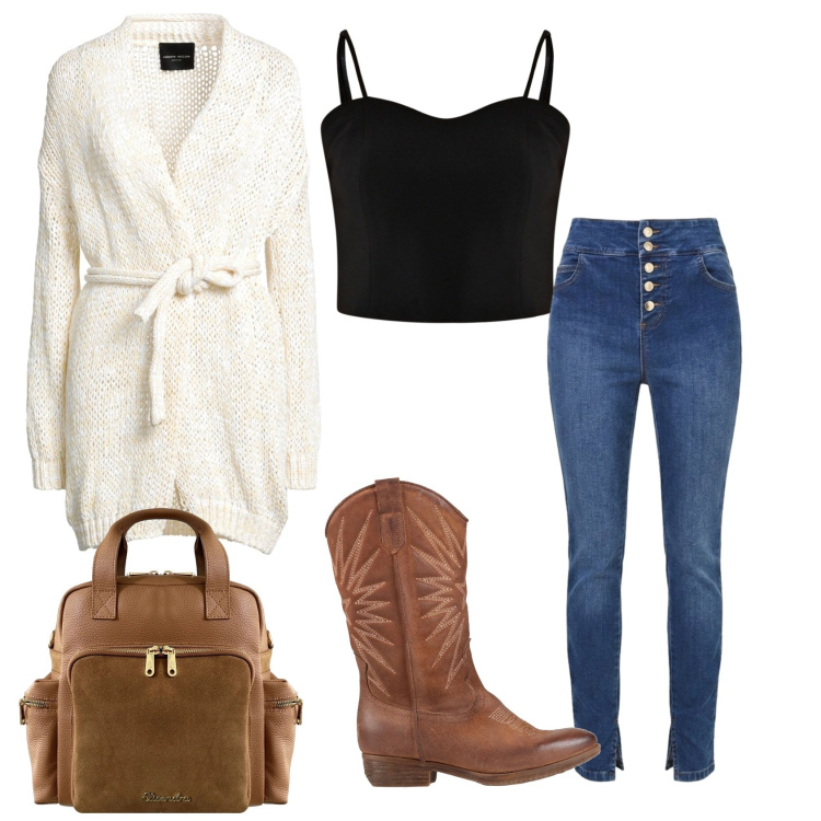 Outfit donna - Top d\'autunno. Stile Casual chic per Tutti i giorni. Abbinamento con cardigans, stivali, top, jeans skinny, zaini.