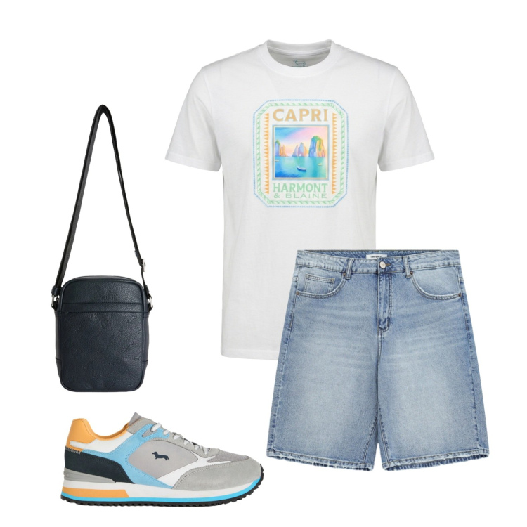 Outfit uomo - Ultimi giorni di ferie. Stile Urban Abbinamento con sneakers, borse sportive, t-shirt, bermuda.