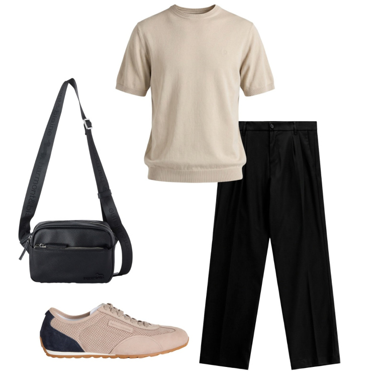 Outfit uomo - Sere d\'estate. Stile Casual Abbinamento con sneakers, t-shirt, borse sportive, pantaloni.