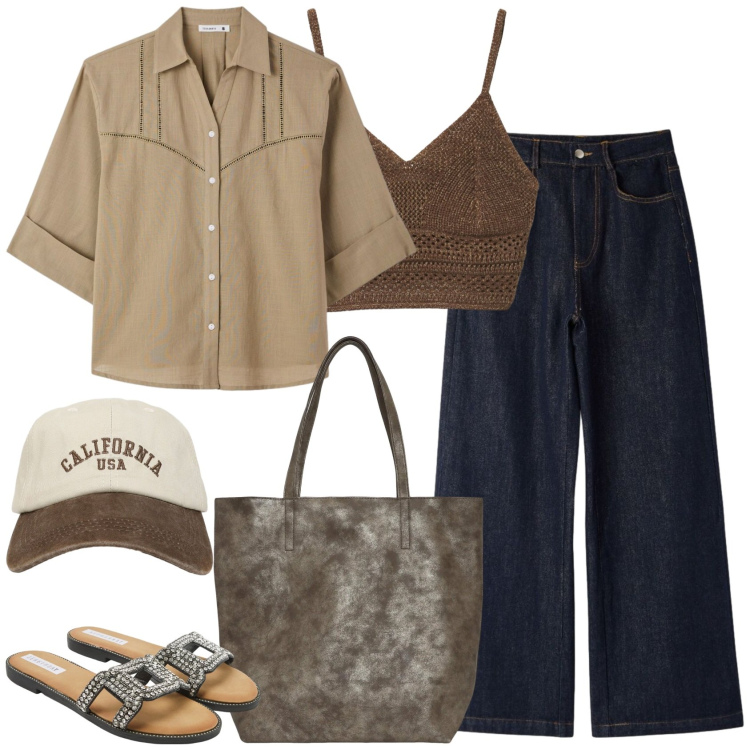 Outfit donna - Indie. Stile Trendy per Tutti i giorni. Abbinamento con jeans, shopping bag, ciabatte, top, cappelli con visiera, camicie a manica corta.