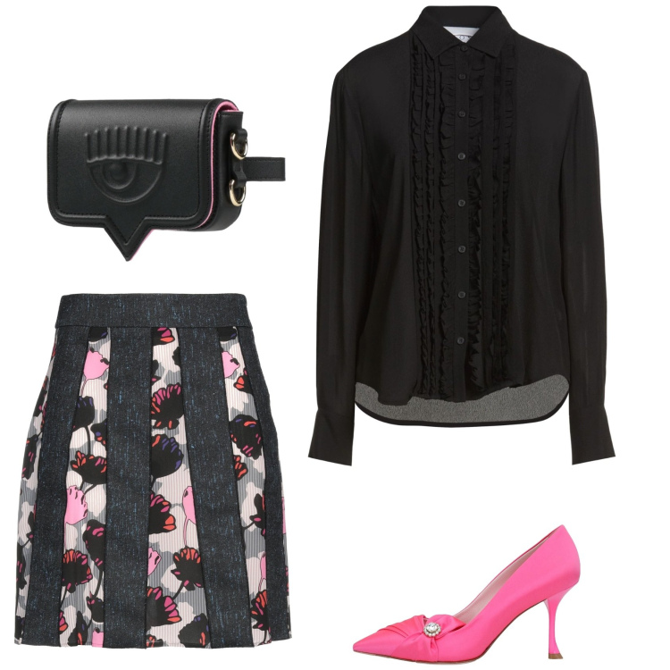 Outfit donna - A cena. Stile Chic per Serata fuori. Abbinamento con minigonne, camicie, décolleté, marsupi.