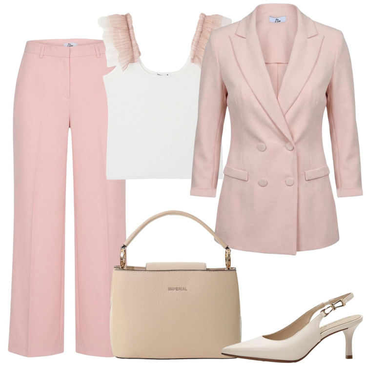 Outfit donna - Delicatezza. Stile Chic per Cerimonia. Abbinamento con décolleté, borse a secchiello, canottiere, pantaloni a palazzo, blazer.
