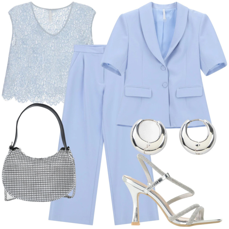 Outfit donna - Chic.....cosa. Stile Chic per Serata fuori. Abbinamento con orecchini, borse a spalla, top, blazer, pantaloni, sandali col tacco.